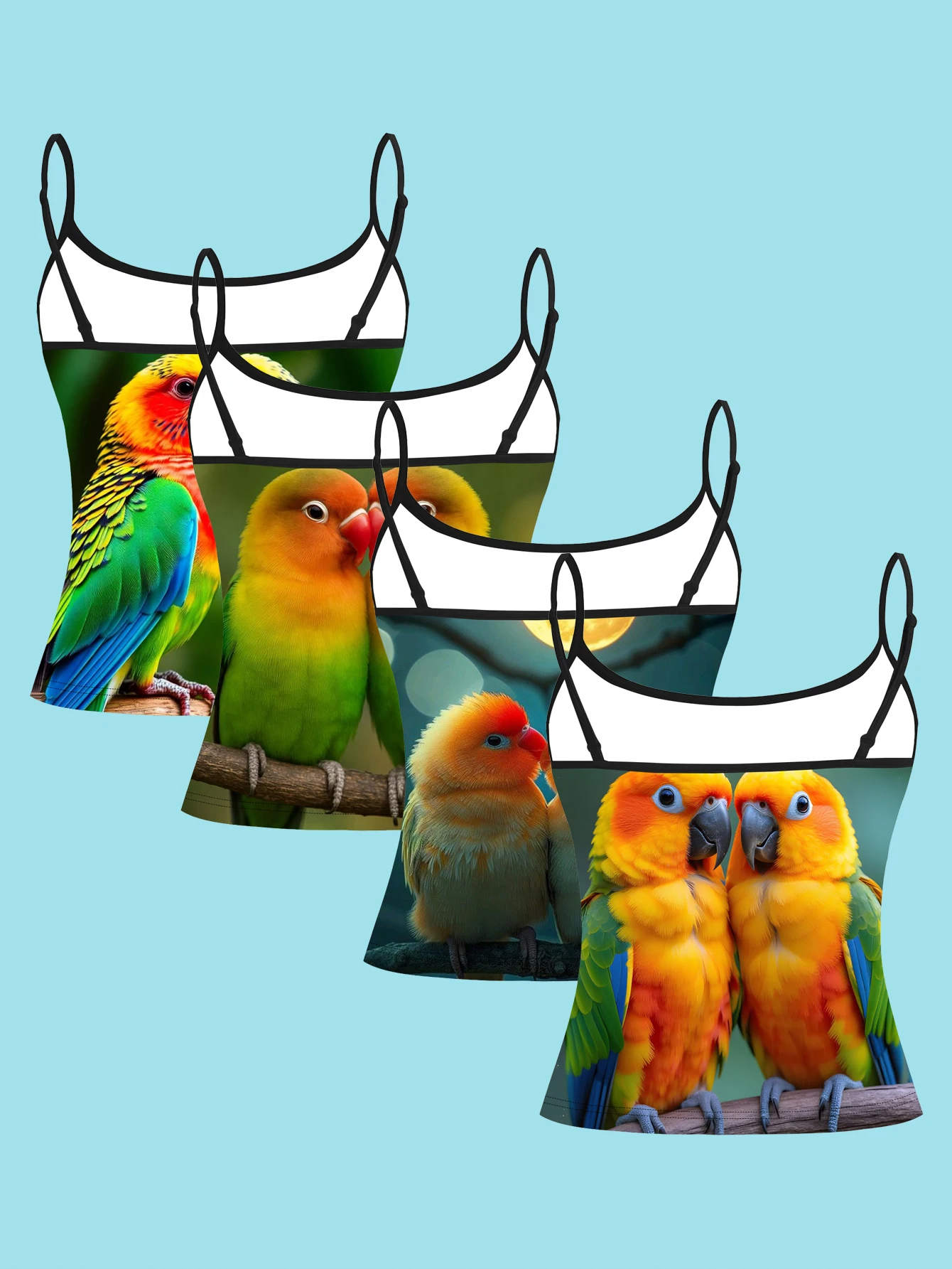 4-Piece Set with Kissing Sun Parrot Pattern, Realistic Print of Cute Birds, Women's Spaghetti Strap Camisole