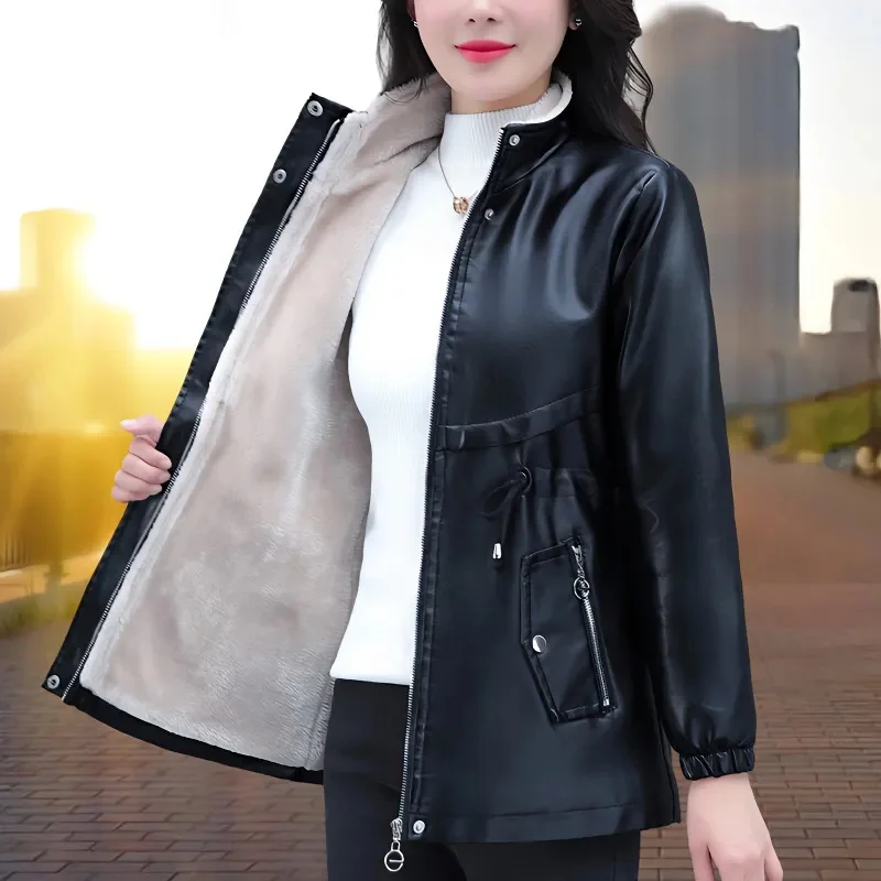 Mid-Long Velvet Padded Pu Leather Coat Women Autumn Winter New Keep Warm Jacket Female Fashion Zipper Pocket Leather Windbreaker