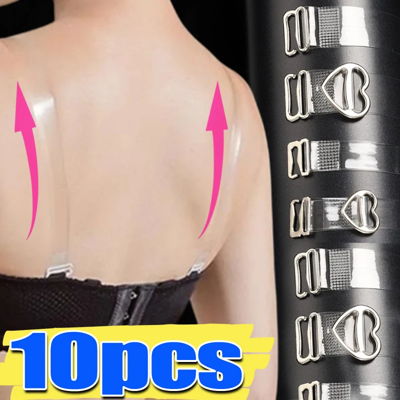 10pcs Non Slip Metal Buckle Bra Straps Belt Women's Elastic Transparent Silicone Adjustable Invisible Intimates Strap Accessory