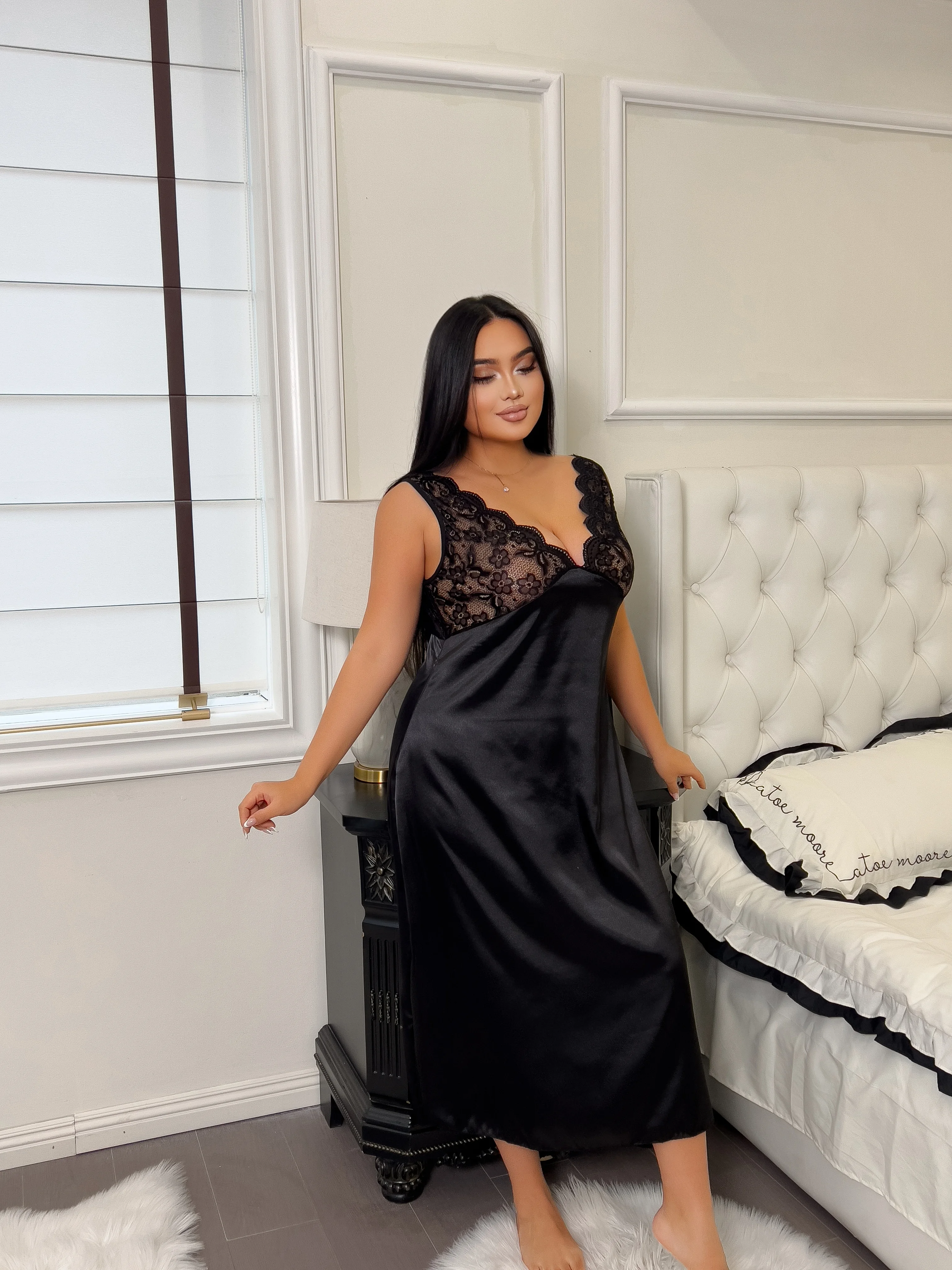 Ladies' Sexy Nightgowns, Erotic Bras and Nightdresses,Sexy Lace Nightgowns,Solid-color Slim-fit Soft Dresses,V-neck.sex lingerie