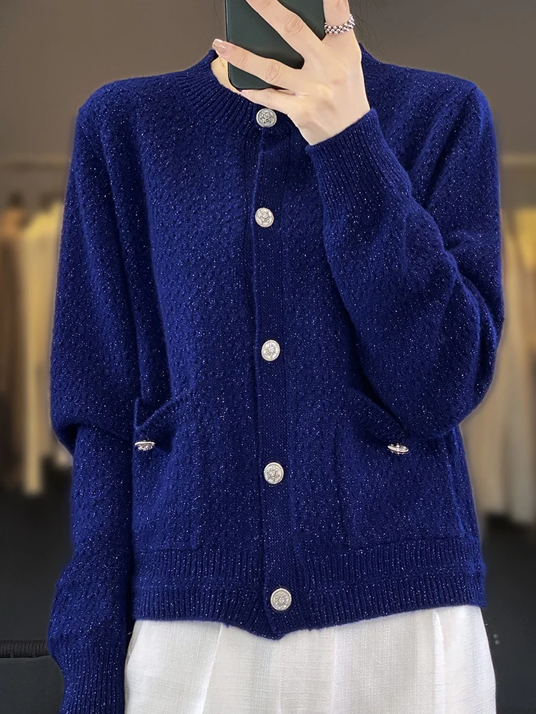 CHICUU Women O-neck Cashmere Cardigan Autumn Winter Hollow Preppy Style Sweater 100% Merino Wool Knitwear Office Lady Clothing