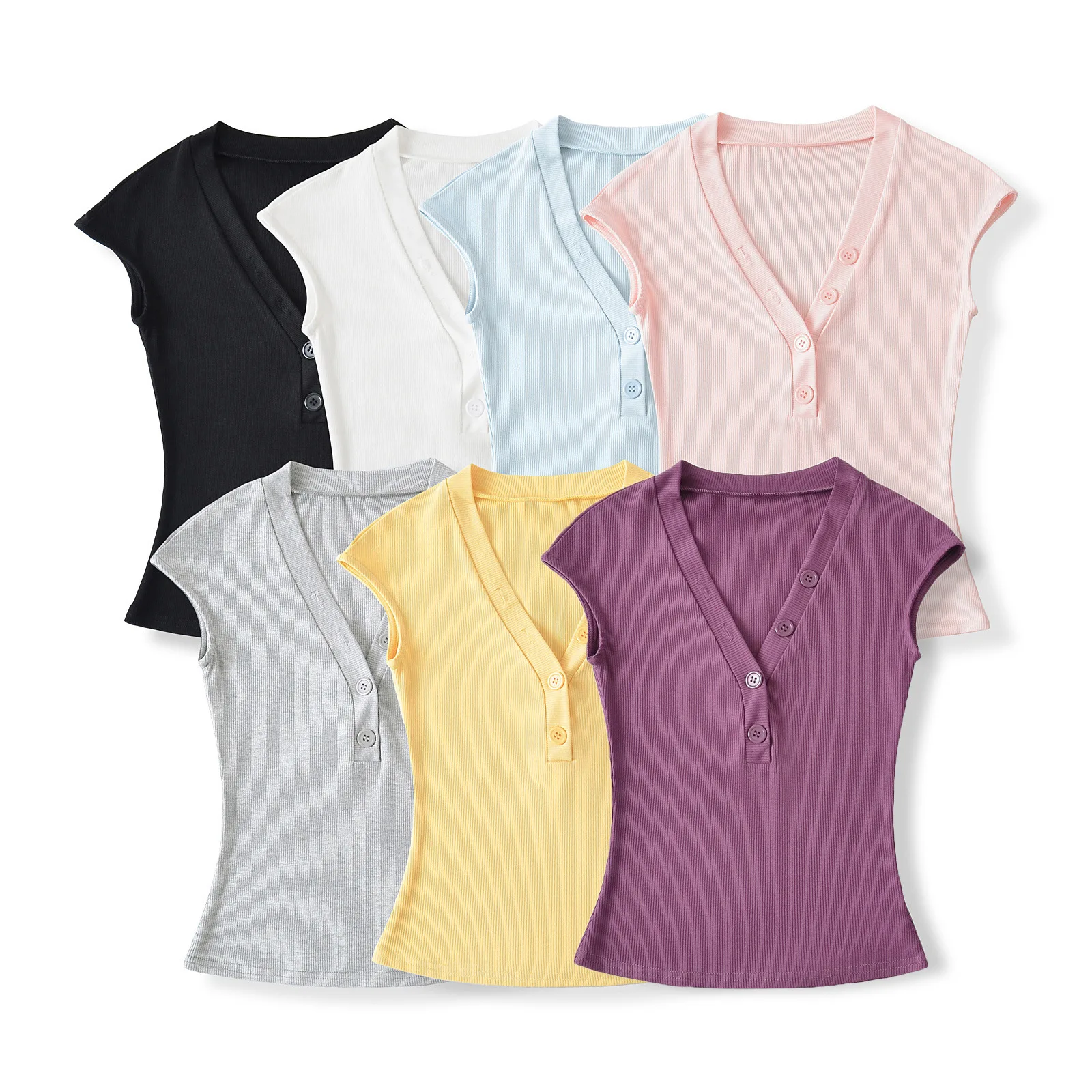 Paperman's gentle temperament V-neck buttoned short-sleeve top with small flutter sleeves versatile slim-fit waist-cinching QTY3