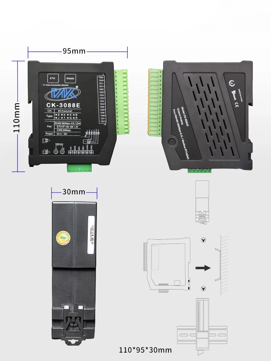 CK-3088E Intelligent Thermocouple Temperature Acquisition Module RS485 Ethernet CANPT100 Input ModbusTCP Remote IO