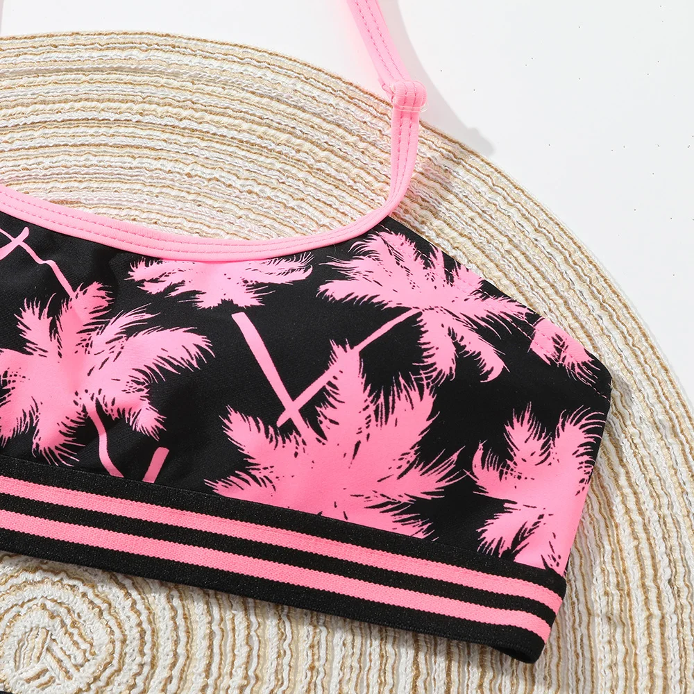 Girl Palm Tree Print Bikini Swimsuit Kids Tape Trim Two Piece Children\'s Swimwear Teen Halter Top Bathing Suit Beachwear Biquini