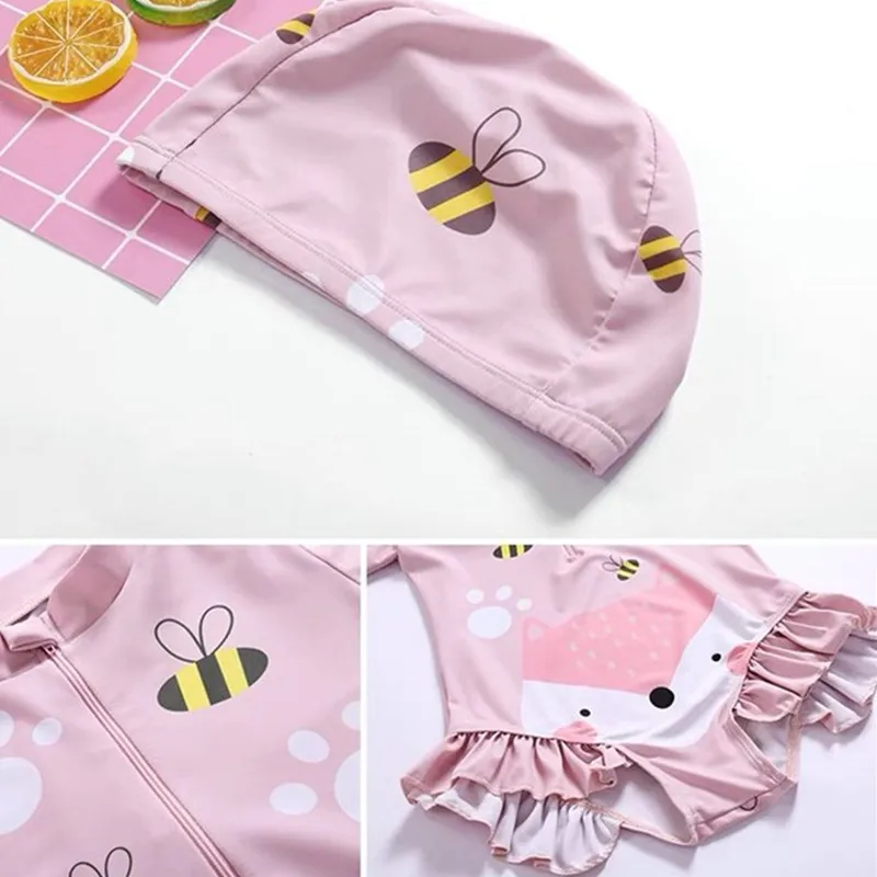 HappyFlute One Piece Long Sleeve With Swimming Cap Cute Print Sunscreen&Quick-drying Girls Promotional Swimsuit