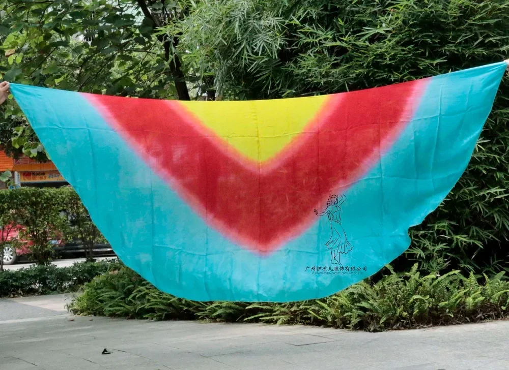 Design 100% Real Silk Belly Dance Veil Cheap Dance Veils Blue Gradient Semicercle Veil Wholesale 250*114cm Yellow+Turquoise