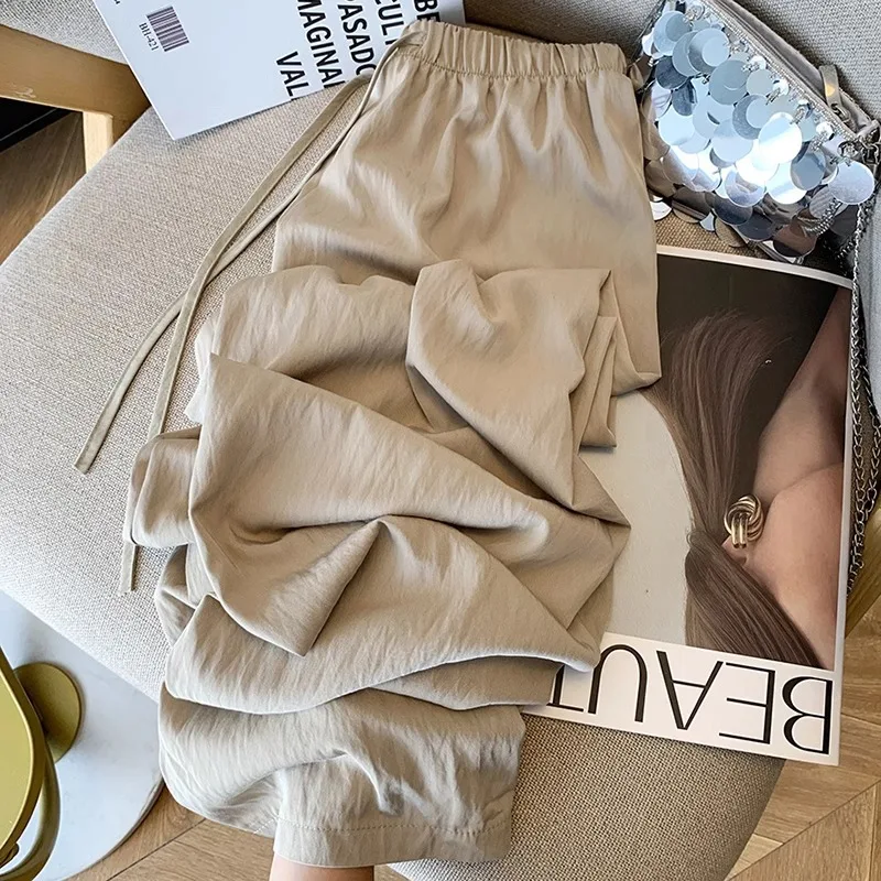 XIZOU Ice Silk Wide Leg Pants Women's Summer Thin Loose High Waist Qui Dry Straight Casual Sports Sun Protection Trousers