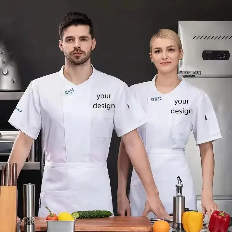 

Летняя дышащая униформа шеф-повара с короткими рукавами для общественного питания, рабочая униформа с вышивкой имени и принтом логотипа, куртка для ресторана, кухонная одежда