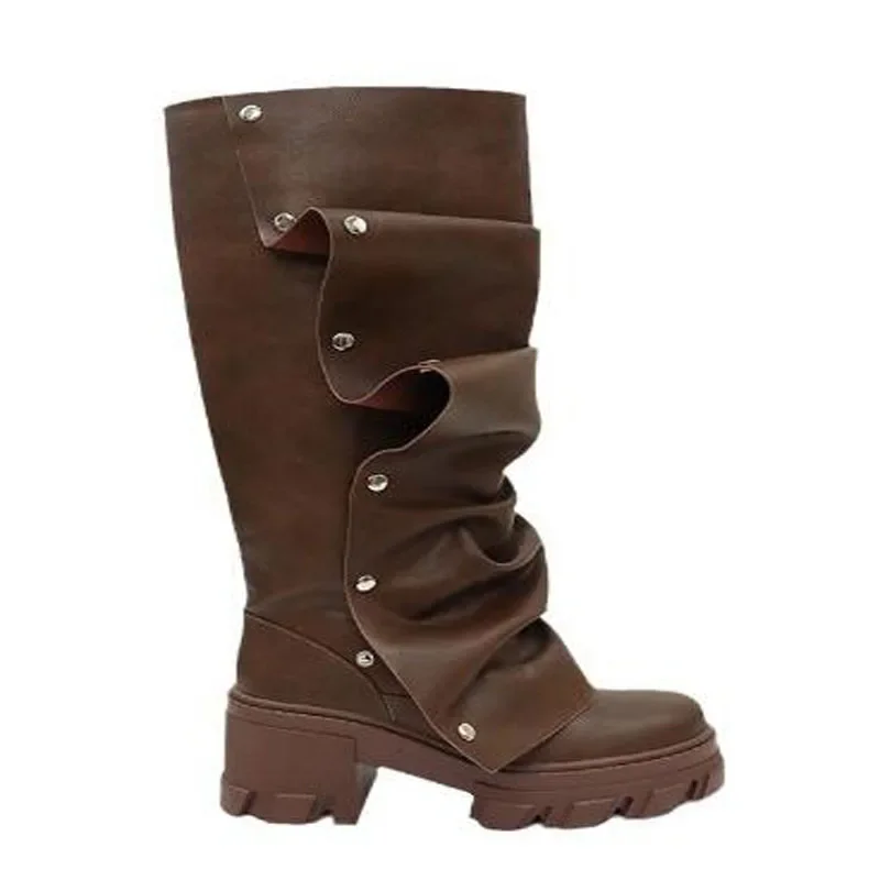 Bottes en cuir plissées au genou pour filles, marron, noir, argent, métal, rivet, boutons, plate-forme, rond, Parker, talons épais, chaussures, livraison directe