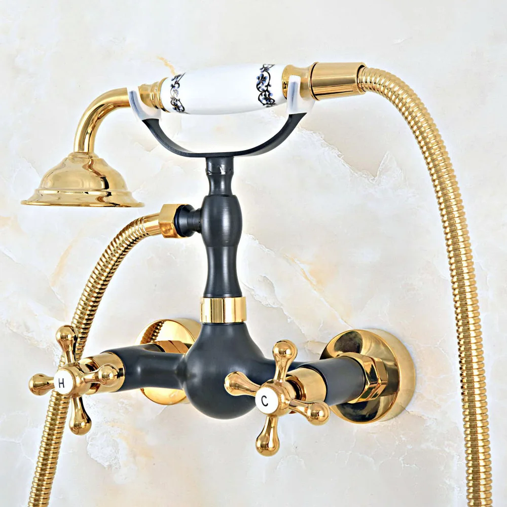 

Gold & Black Brass Wall Mounted Bathroom Hand Shower Faucet Set with 150CM Hose Handheld Spray Head Mixer Tap Dna447