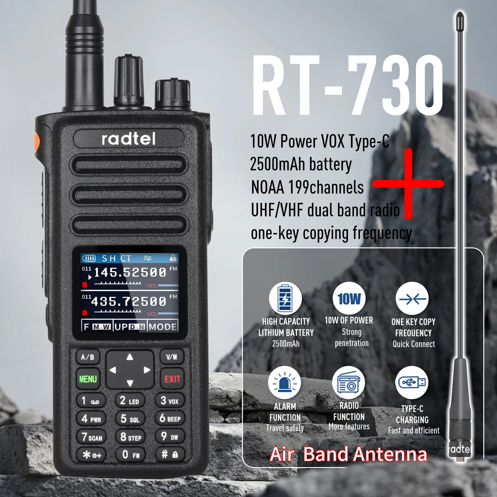 Топ RT-730 IP67 Водонепроницаемая 10 Вт Air Band Walkie Talkie Полнодиапазонная любительская любительская ветчина 199CH HT USB-C Батарея NOAA FM AM UHF VHF Satcom