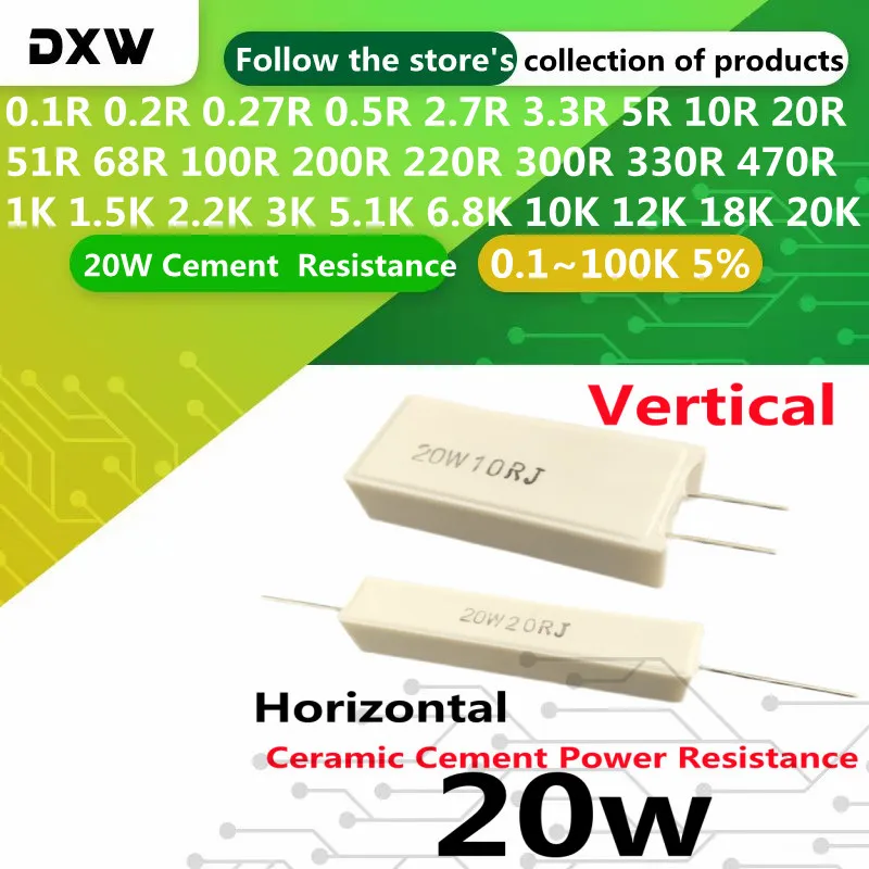 2PCS/Lot 20W Cement  Resistance 5% 0.1~100K 0.33 0.47 0.5  2.2 3 3.3 4 5 8 10 22 30 50 56 82 100 200 300 470 680 820 1K 50K Ohm