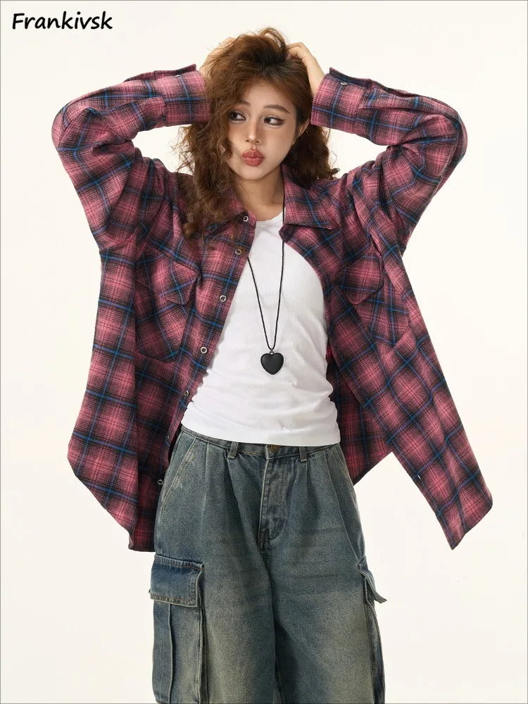 Long-sleeved Plaid Shirts for Women Atmosphere Autumn Winter American High-end  Trendy Loose All-match Lapel Casual Simple Daily