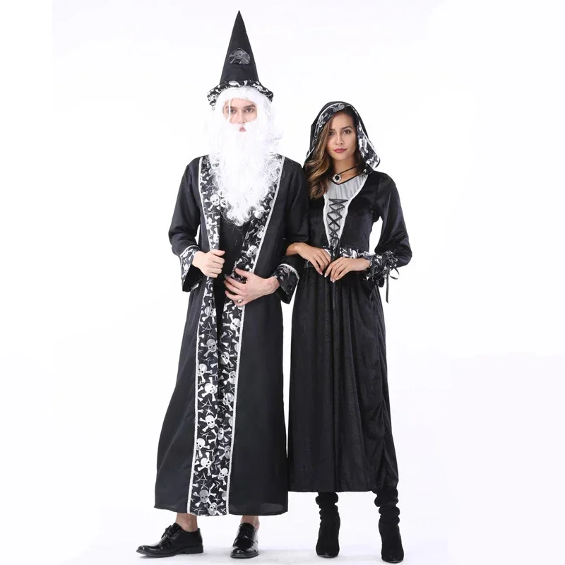 Renaissance Medieval Dress Robe Women Men Gothic Witch Queen Dresses Black Print Skeleton Vampire Gown Halloween Costume