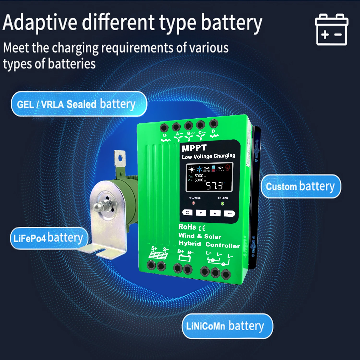 Imagem -03 - Vento Mppt Solar Híbrido Controlador de Carga Display Lcd Wifi Monitor Lifepo4 Lítio Chumbo Ácido Bateria 9000w 12 v 24 v 48v 80a 100a