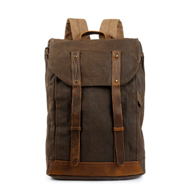 Men Vintage backpack oli leather Waxed canvas shoulder bag trend leisure bag waterproof women bag 14 inch laptop backpack travel