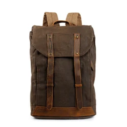 Men Vintage backpack oli leather Waxed canvas shoulder bag trend leisure bag waterproof women bag 14 inch laptop backpack travel