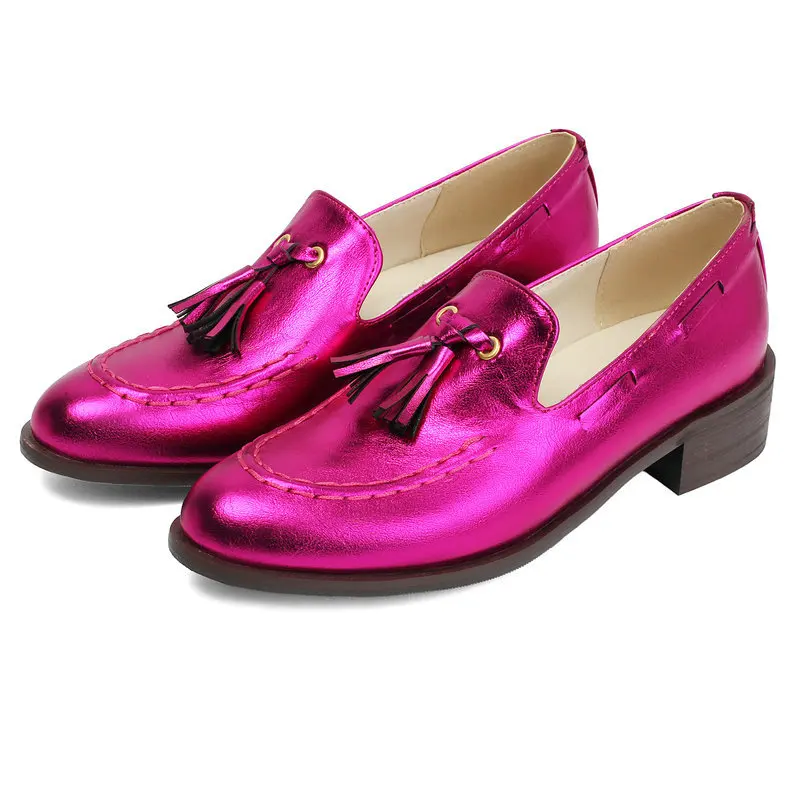 

Luxury Brand Gold Silver Closed Toe Round Woman's Flats Derby Loafer Shoes Big Size 46 47 48 with Fringes Casual Slip-on Shoe