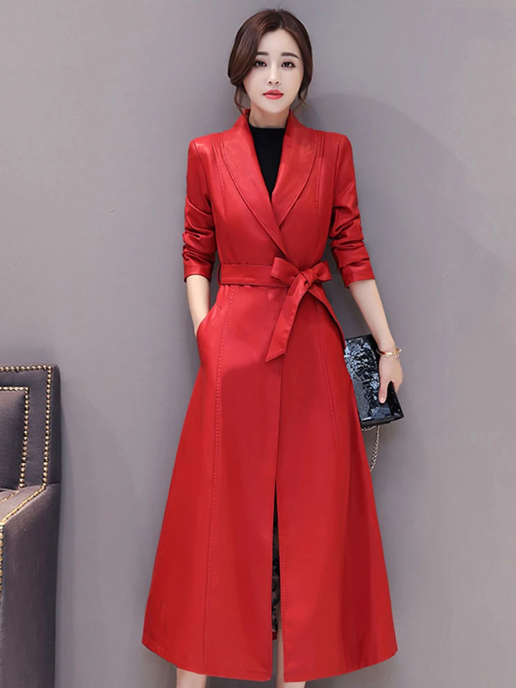 Luxury Sheepskin Long Trench Coats 2024 New Single-breasted Belt Pockets Chic Ladies Vintage Coffee Real Leather Jacket Outwear