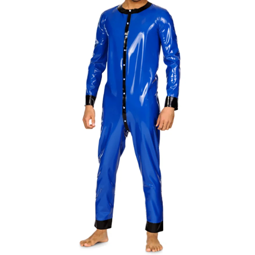 

Blue and Black Sexy Men Women Latex Pajamas Loose Catsuit Overall Rubber Bodysuit Nightwear Handmade Nighty Jumpsuit S-LCM191