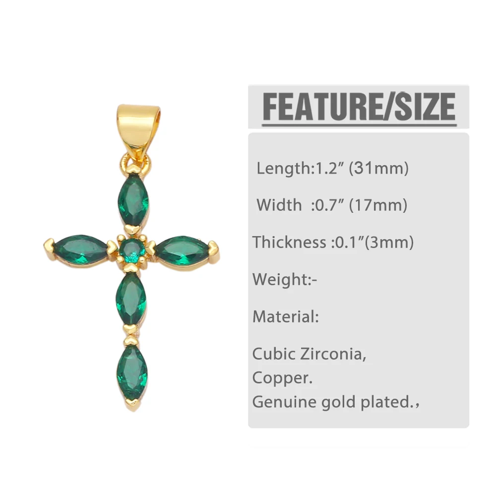 OCESRIO Green Cross Pendant Copper Gold Plated Cubic Zirconia Star Moon Crucifix Pendant for Jewelry Making Supplies pdta755