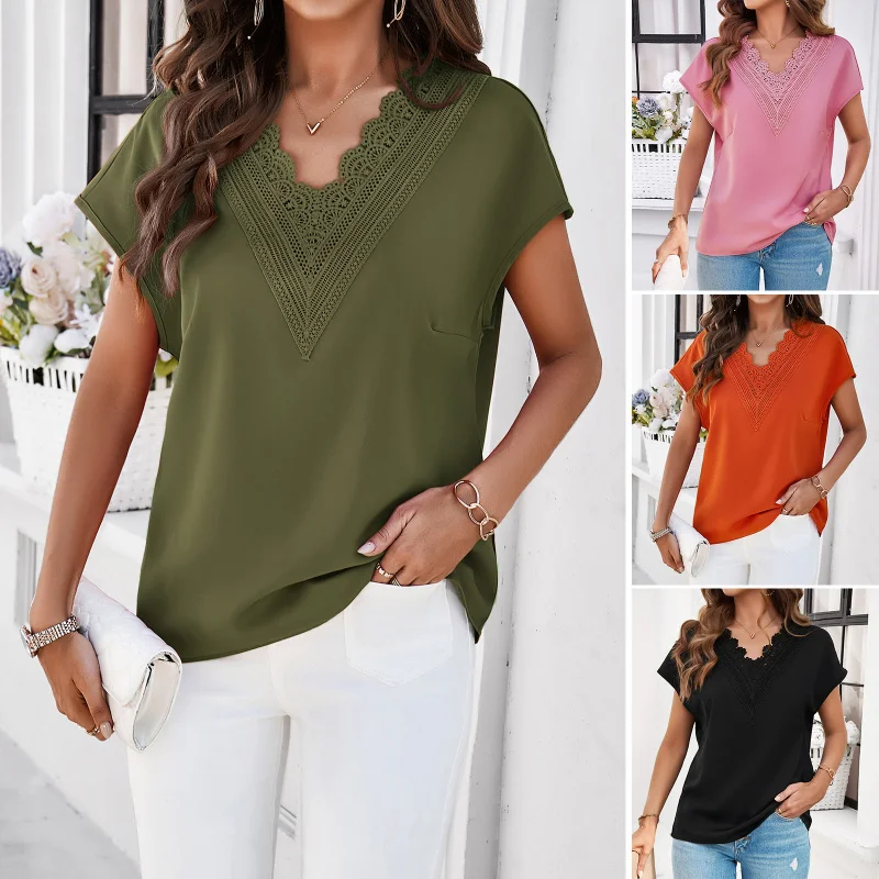 

Women'S Casual Commuting Solid Color V-Neck Short Sleeved Shirt T-Shirt
