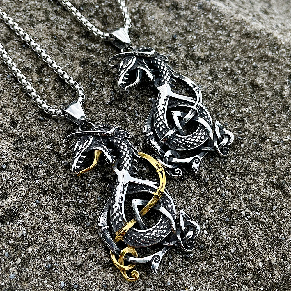 Vintage Viking Dragon Necklace Pendant Men Fashion Amulet Norse Odin Celtic Necklace Stainless Steel Chain Jewelry Accessories