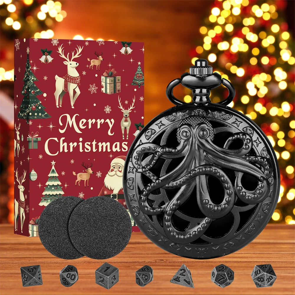 7pcs/Set Mini Metal Polygon Dices Octopus Half Hunter Pocket Watch Case Chain Pendant Vintage Christmas Gift Box