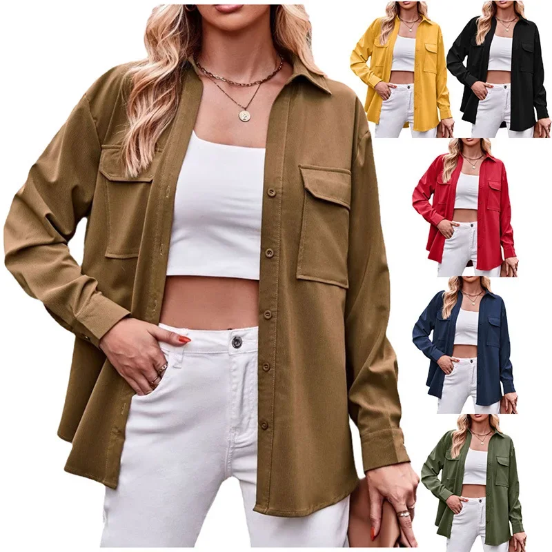 Women's Shirt with Double Pockets Solid Color Single Breasted Comfortable and Casual Long Sleeved Shirt 2024 Autumn