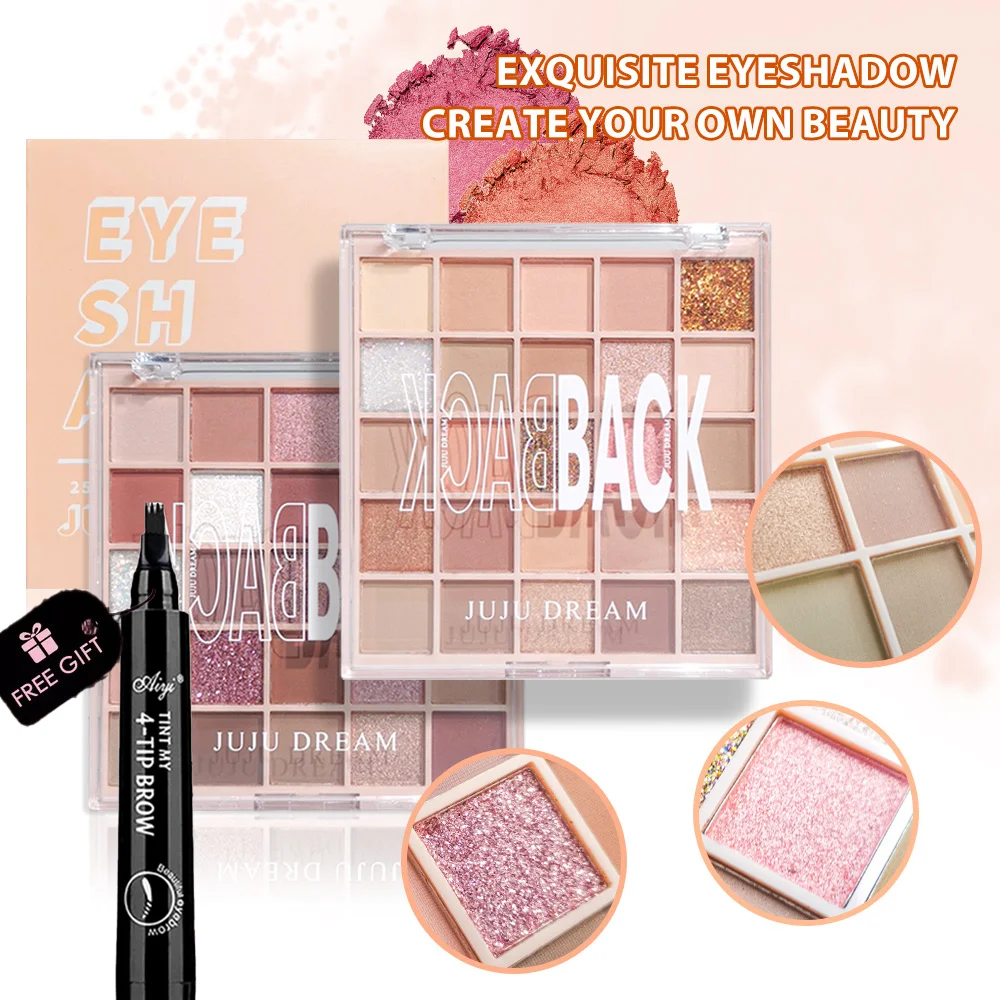 25-Color Eyeshadow Palette – Matte/Shimmer,Pink/Gold Tones,Waterproof,Long-Lasting,Brush &  Free Eyeliner, Unisex,Safe,Certified