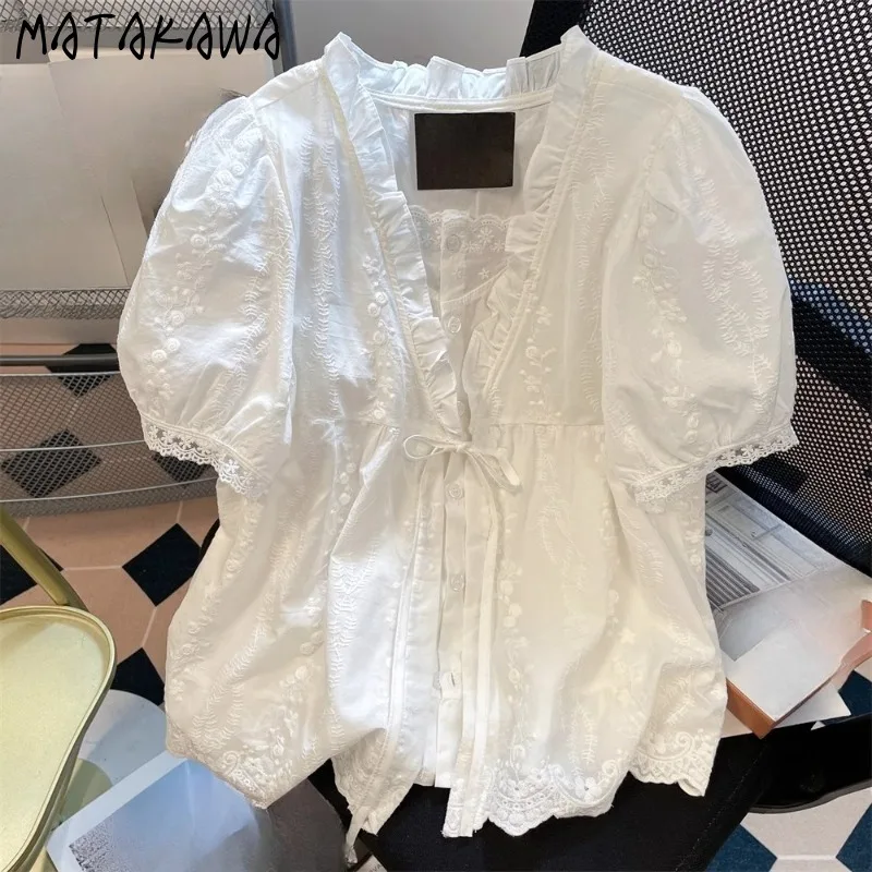 

Matakawa Lace Ruffles Blouses Spring Summer White V Neck Vintage Sweet Women Shirts Korean Fashion Elegant Chic Blusas Mujer