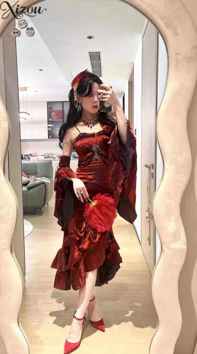

Fishtail Dress Lolita Style Elegant Slim Fit Sweet Sexy vintage Goth Spring Summer Hand Sleeves 2025 New Long Dresses Womens