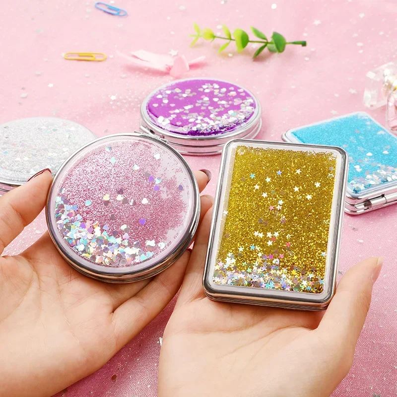 Portable Double-Sided Folding Makeup Mirror Women Gifts with Flowing Sparkling Sand Mini Cosmetic Mirror Compact Pocket Mirrors