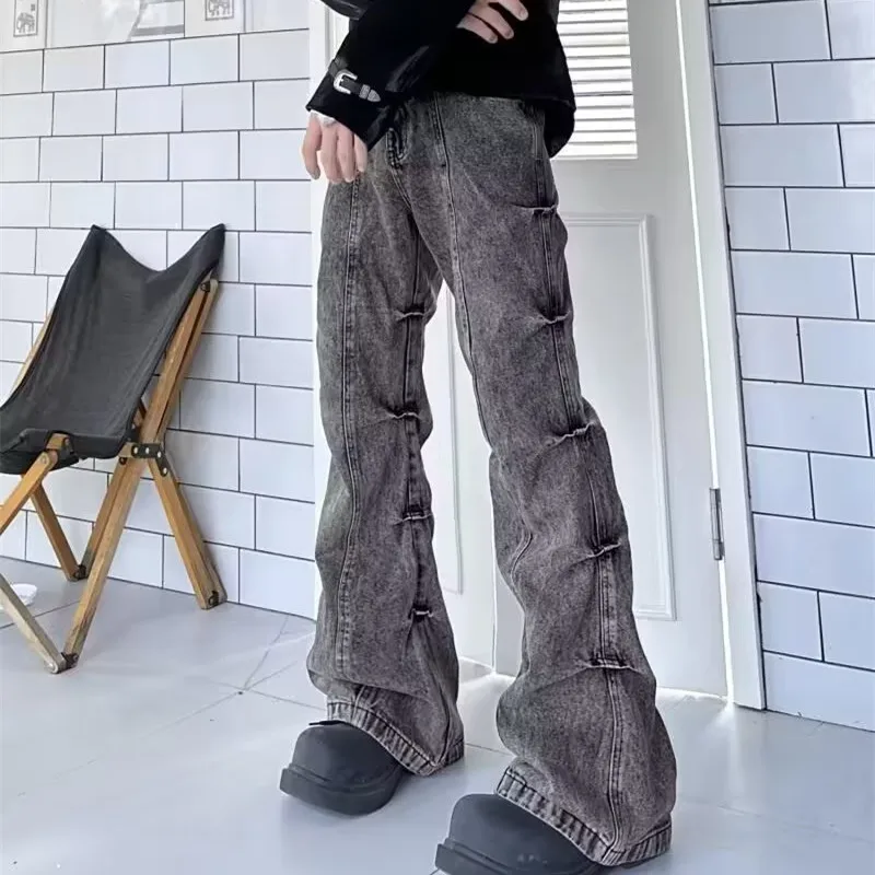 

American Retro Autumnal Men's Loose Jeans Folded Design Sensation Micro Flared Denim Pants Trendy Leg Lengthening