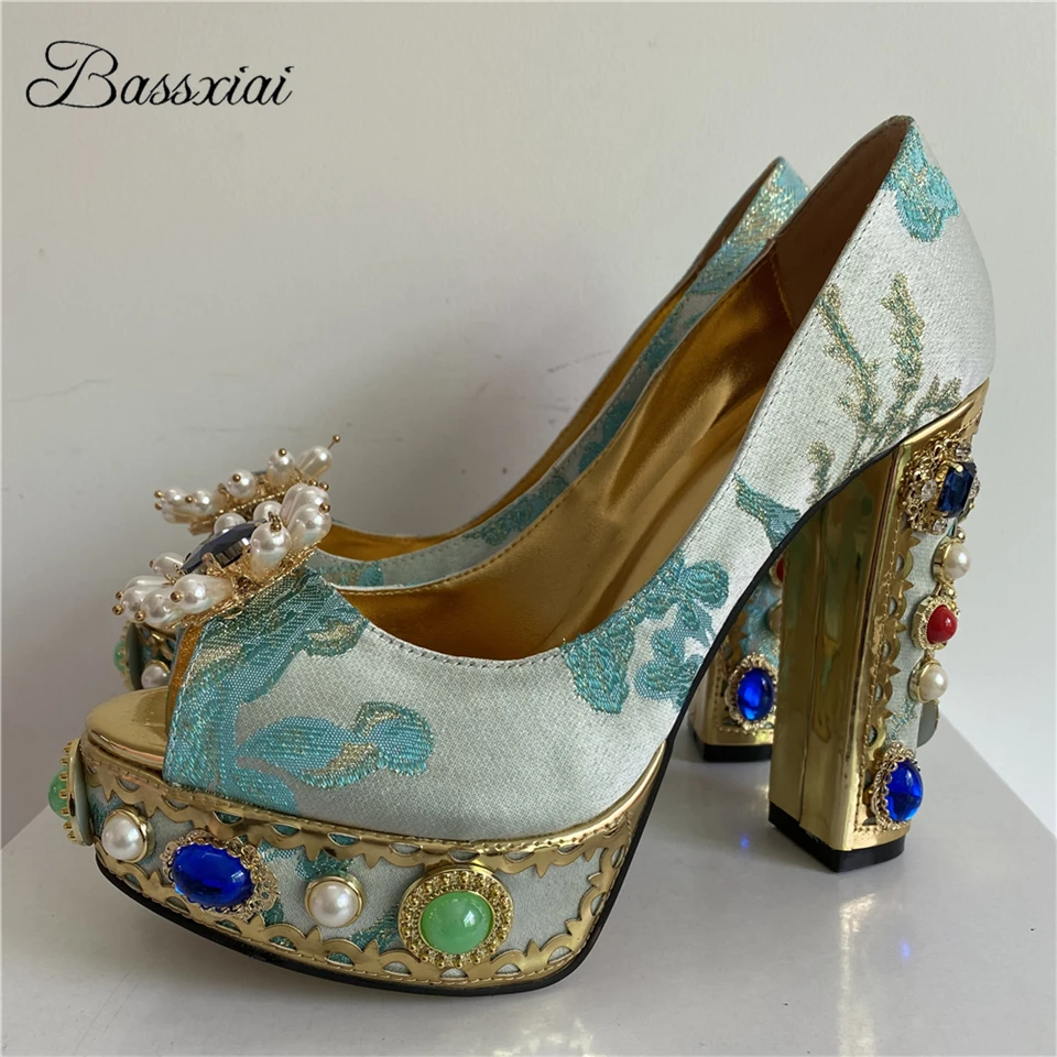 Beaded Rivet Pearl Plarform Party Shoes Woman Chunky Heel Peep Toe Luxury Embroidery Satin Rhinestone Women Pumps