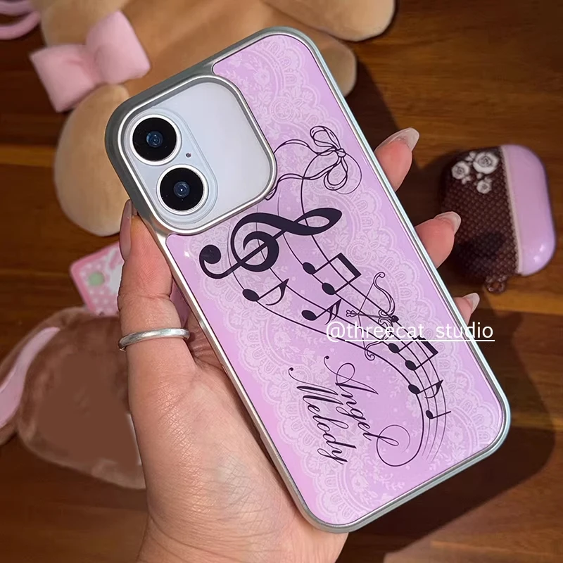 Funda para Teléfono con Diseño Coreano, Encaje Rosa, Notas Musicales Románticas, Estilo Y2K, para iPhone 17 16 15 14 13 12 11 Pro Max Plus