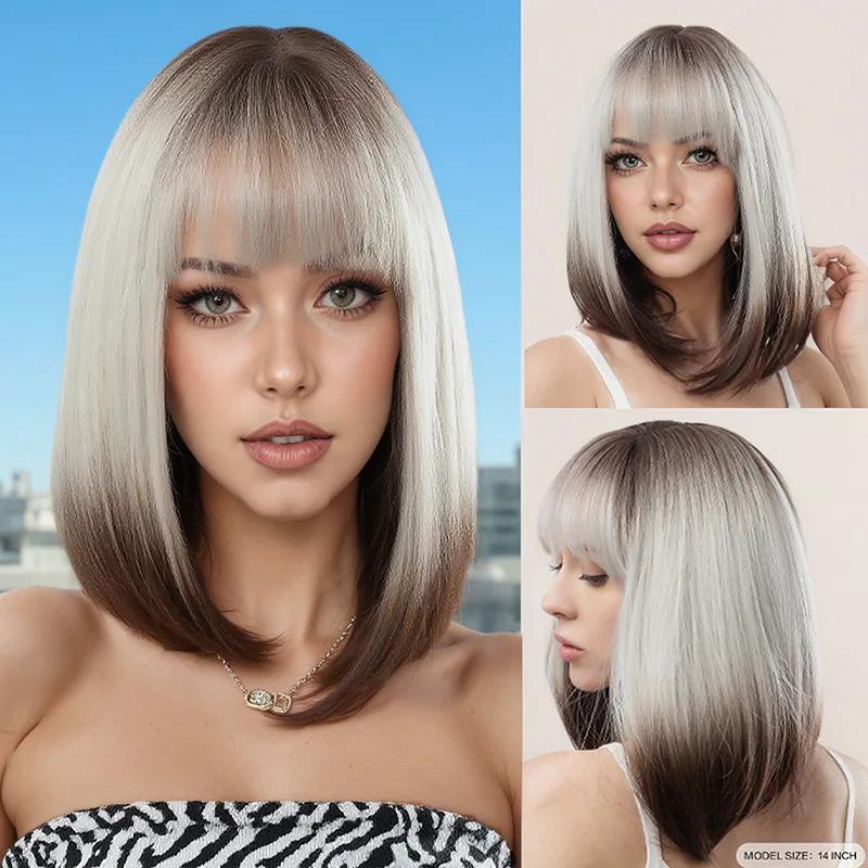 Short Straight Hair with Bangs Brown Gradient silverBoBoDaily RoutineCosplayWig for Women