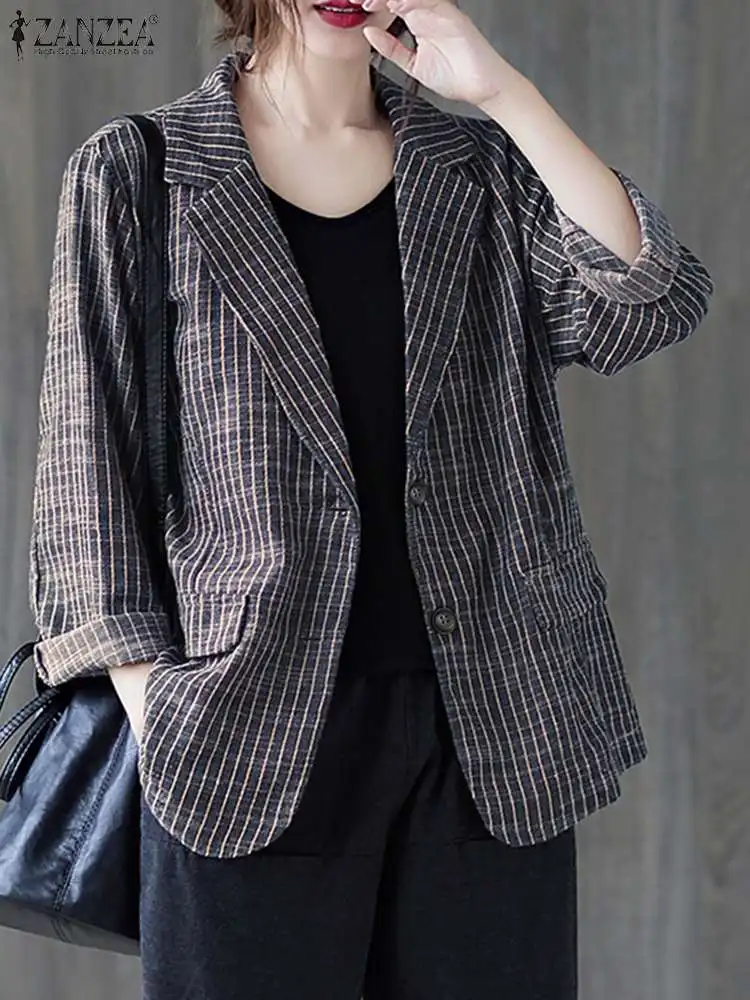 ZANZEA Korean Style Striped Blazer Women Vintage Lapel Neck Casual Suits Jackets 2024 Autumn Long Sleeve Commute Clothing