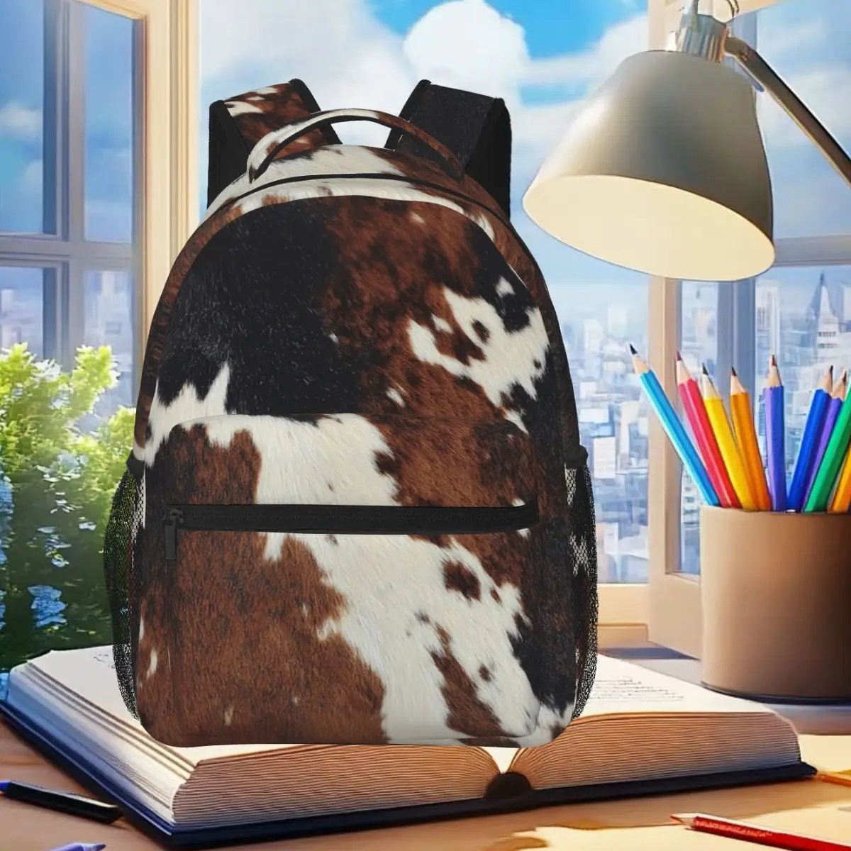 

Brown White Cowhide Pattern Backpack Student Boys Girls BookBag Kids School Bag Computer Shoulder Bags for Men Women