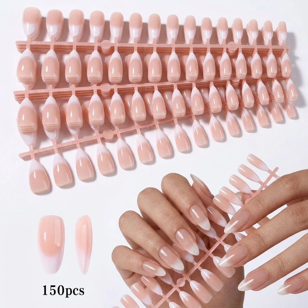 150pcs Gradient Ombre Nude Pink Almond Press On Nails French Glossy Pink Fake Nails Full-Cover Short Almond Pink Manicure Tips