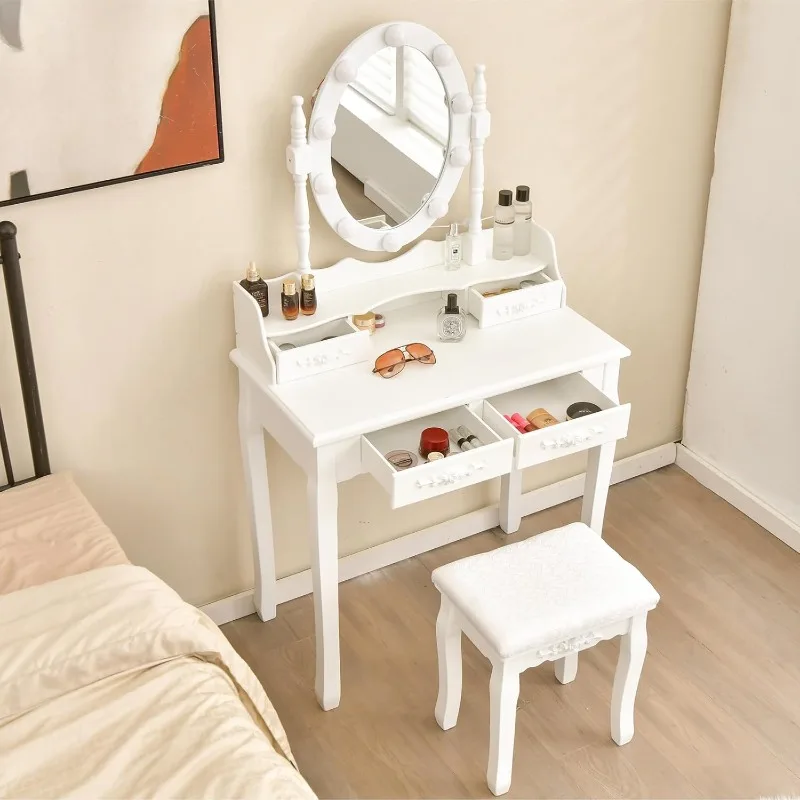 Makeup Vanity Table with 10 LED Lights, Adjustable Brightness, 3 Color Light Modes, 4 Drawers, Rotatable Mirror, Cushioned Stool