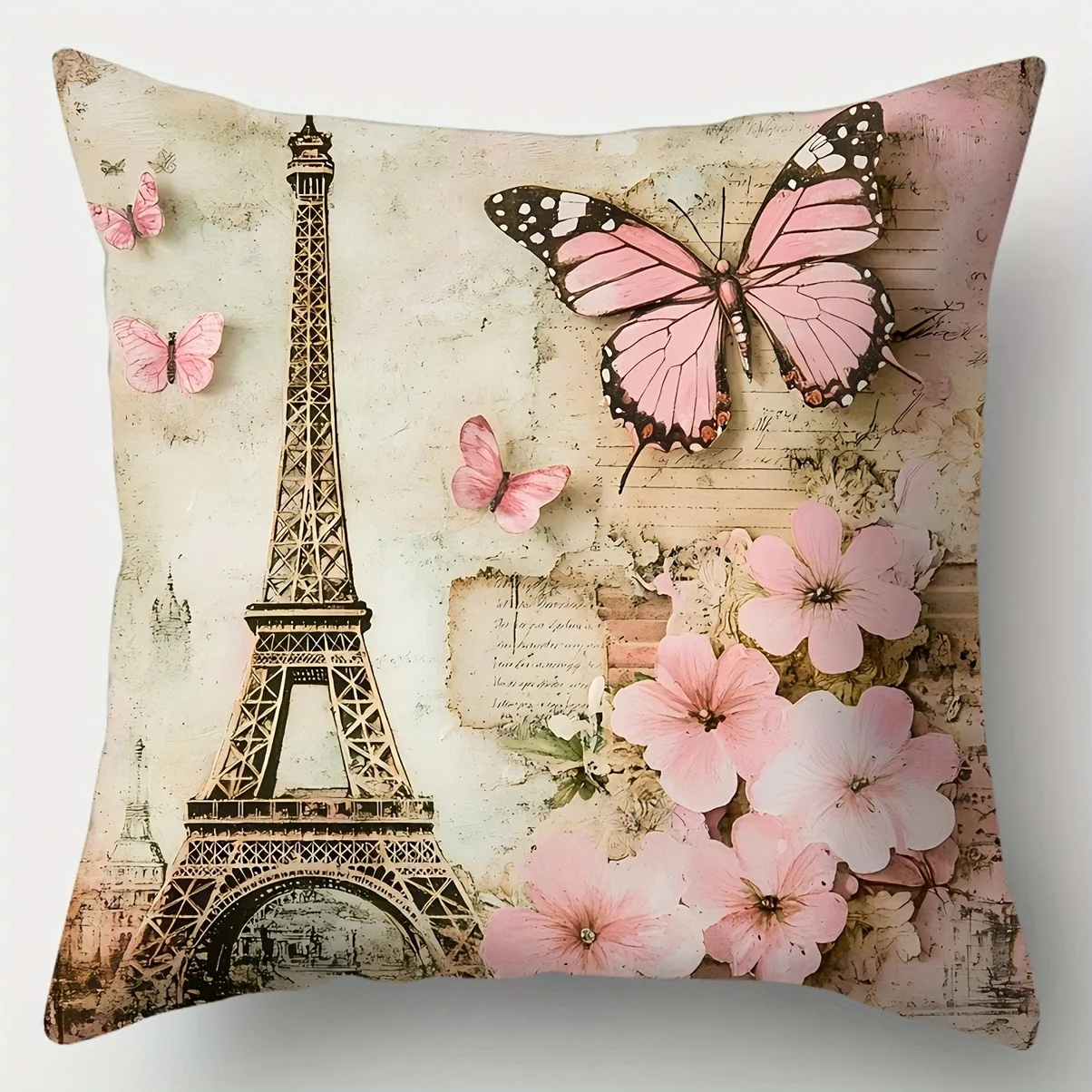 Double-Sided Romantic Paris Eiffel Tower Pink Car Cushion Cover Scenic Architecture Pillowcase Luxury Living Room Home Decor