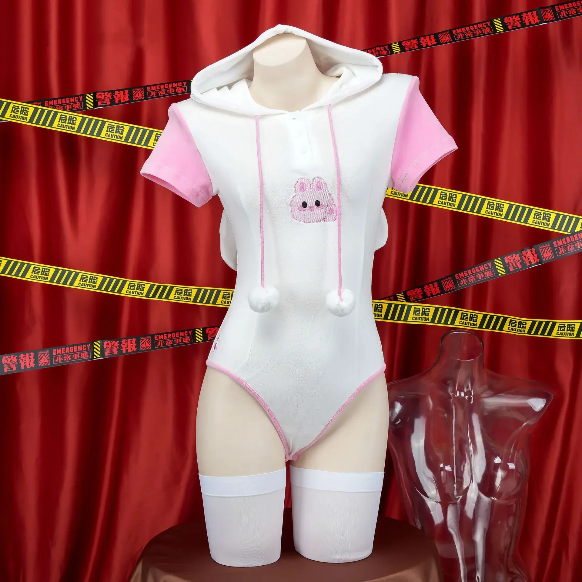 Süße Kaninchen Stickerei gedruckt Hoodie Bodysuit Frauen Hase Mädchen Kostüme Cosplay Haarball Rollenspiel Unterwäsche rosa Outfit Pyjama