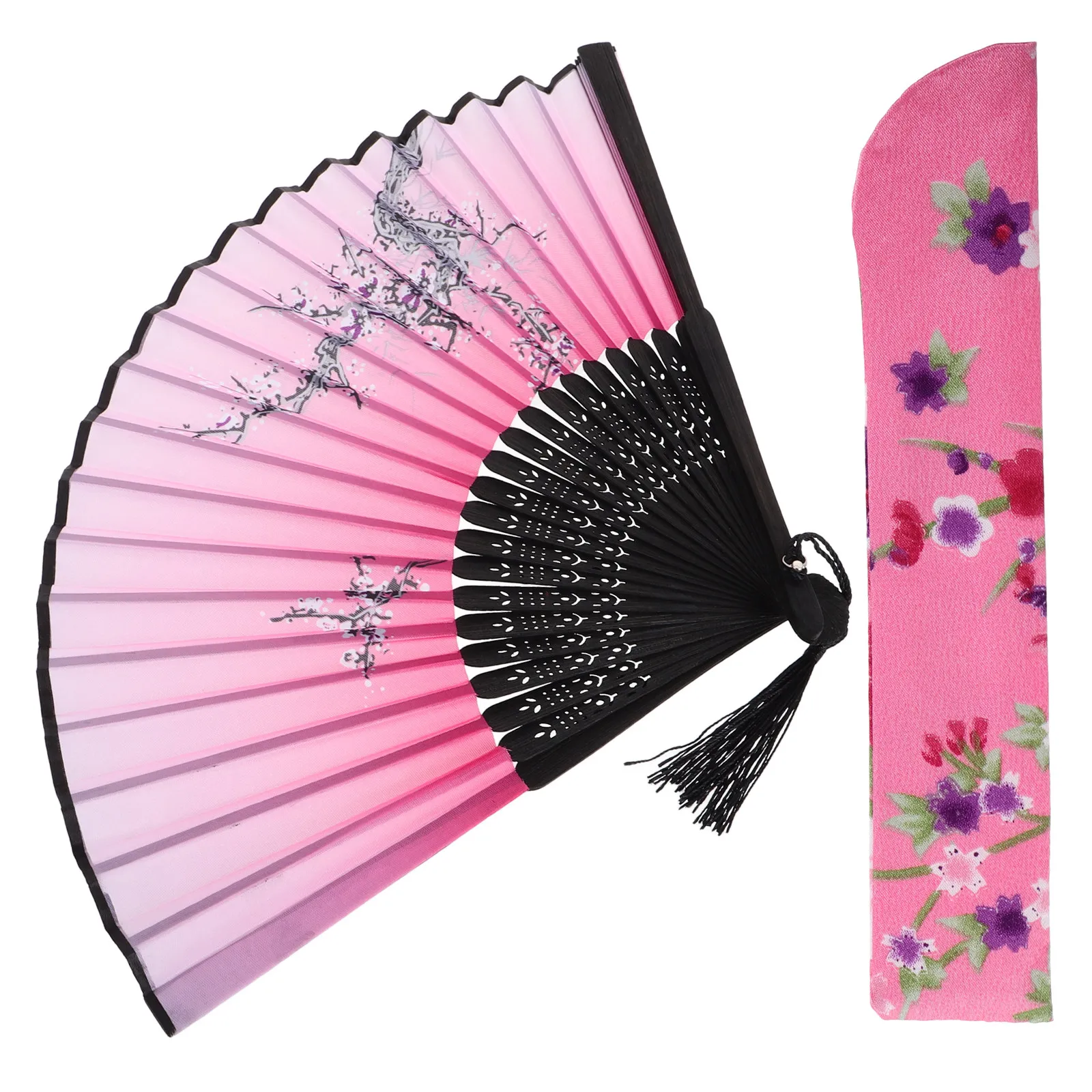 Folding Fans With Pouch Handheld Fan With Cherry Blossom Design For Bridesmaids Wedding Silk Folding Fan With Small Bag Pink