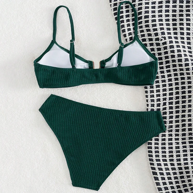 أطقم بيكيني جاسبر مضلعة معدنية مثيرة على شكل حرف U مكونة من قطعتين ملابس سباحة رفيعة ملابس سباحة ملابس شاطئ بكيني تانكيني