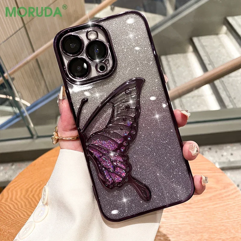 3D Glitter Butterfly Quicksand Phone Case for iPhone 14 15 16 ProMax 11 12 13 Pro Max Plating Lens Protection Shockproof Cover