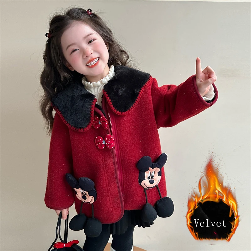

Girls' Mickey Thickened Woolen Coat New Children's Red Christmas Warm Cotton Coat Baby Girls Turn Down Collar Velvet Overcoat