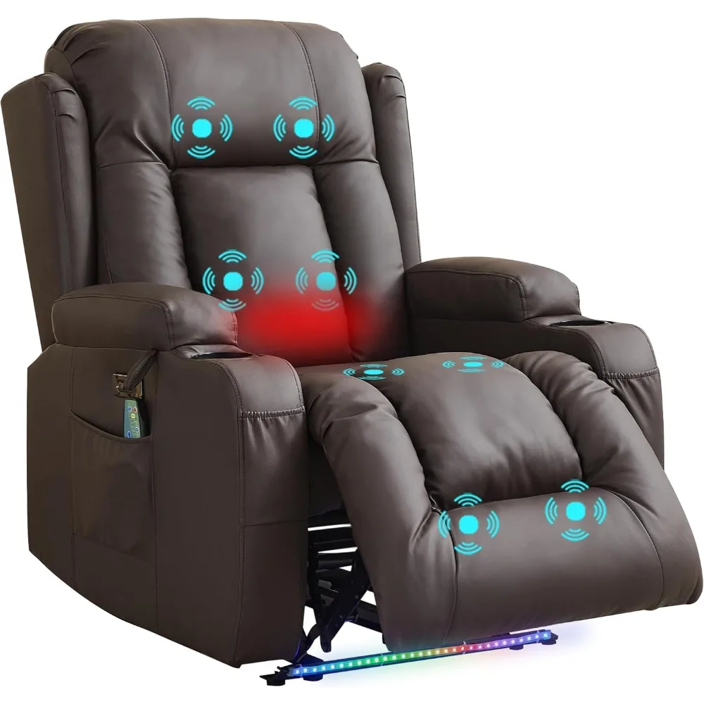 Recliner Chair with Massage and Heat Faux Leather Home Theater Seating with LED Ambient Light Electric Recliner Sofa