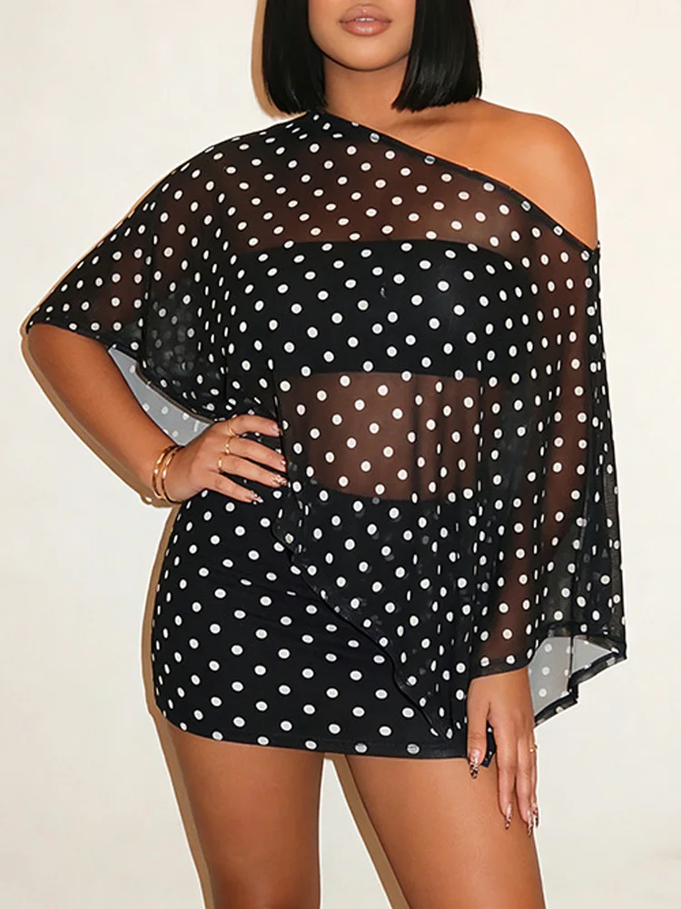 Polka Dot Sexy Sheer Mesh One Shoulder Women 2 Piece Outfit 2026 Summer Fashion Cover Up Top and Mini Bodycon Skirt Matching Set