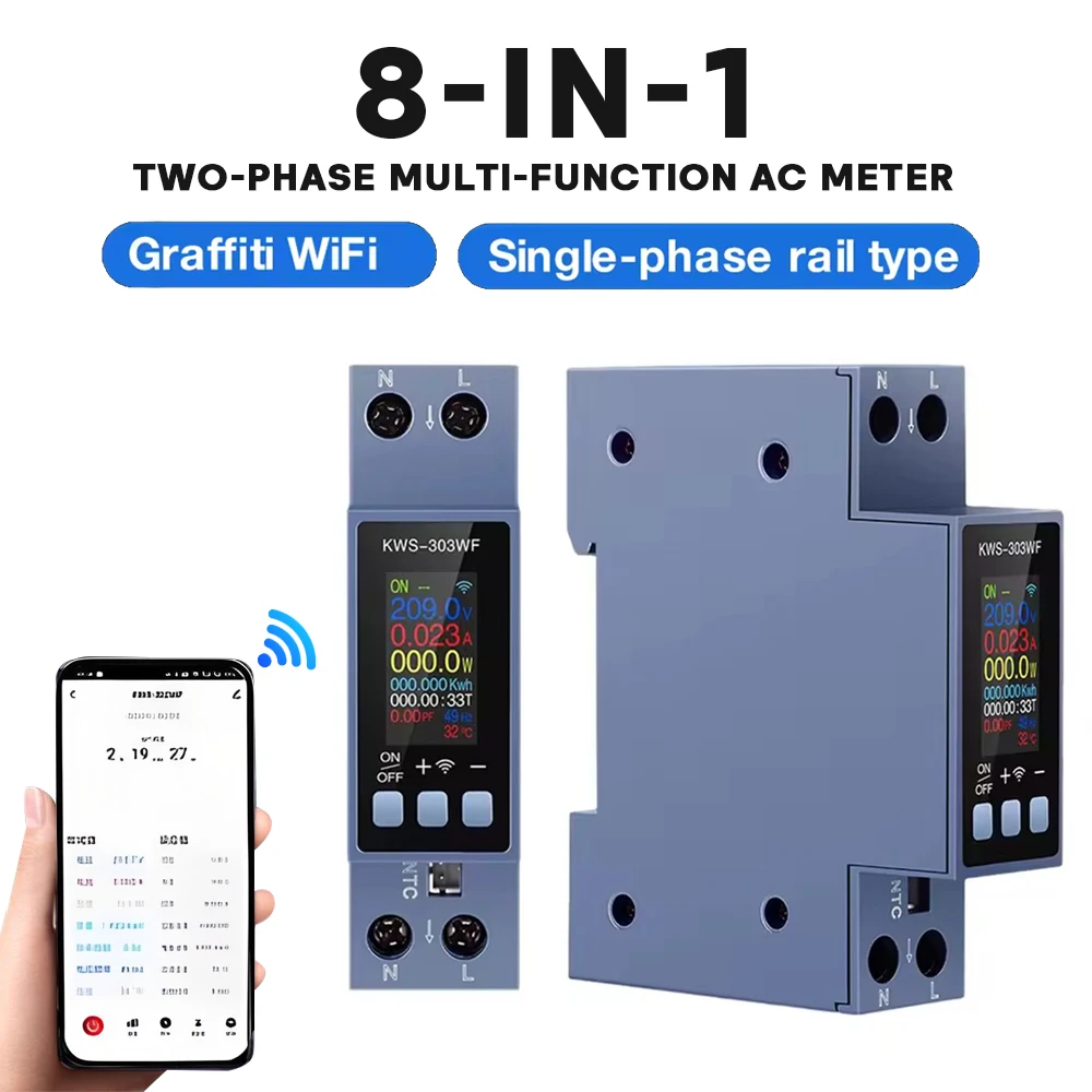 KWS-303 Tuya WiFi Power Meter APP Control 8 in1 Energy Meter 85-290V/40A Voltage and Current Meter Electricity Meter Smart Life